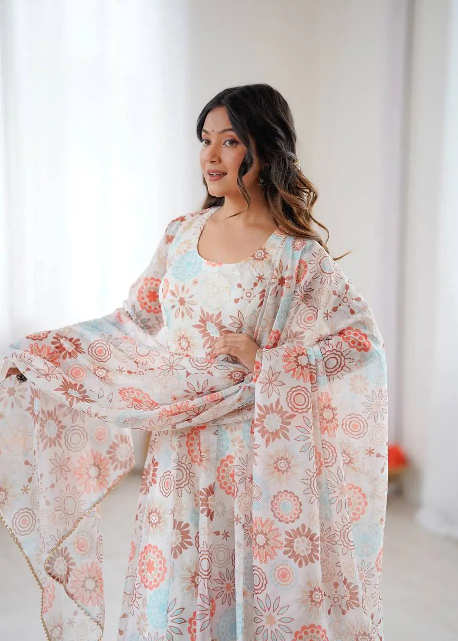 Pure Organza Floral Print Festive Gown Set