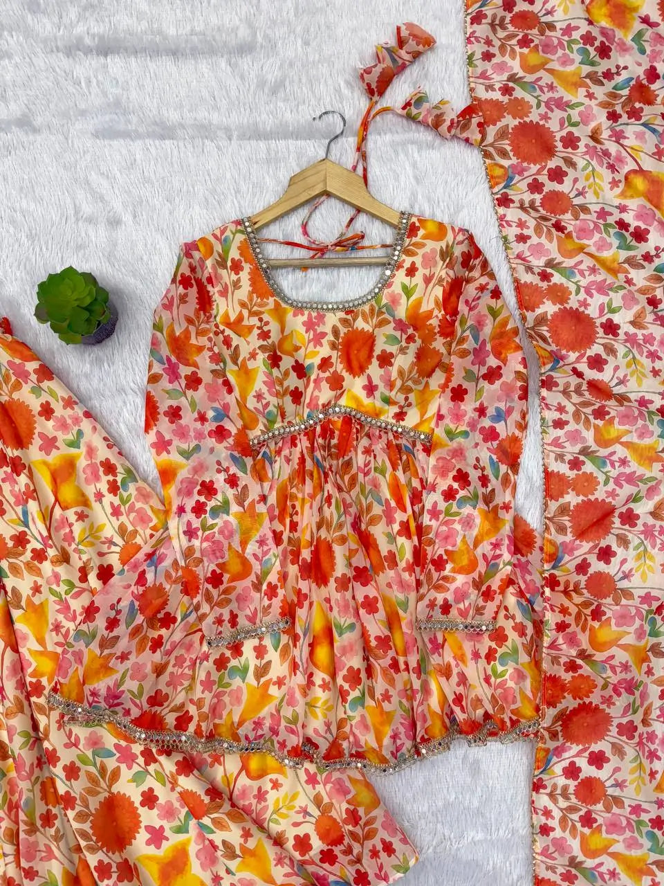 Pure Organza Floral Print Mirror Work Kediya Palazzo Set