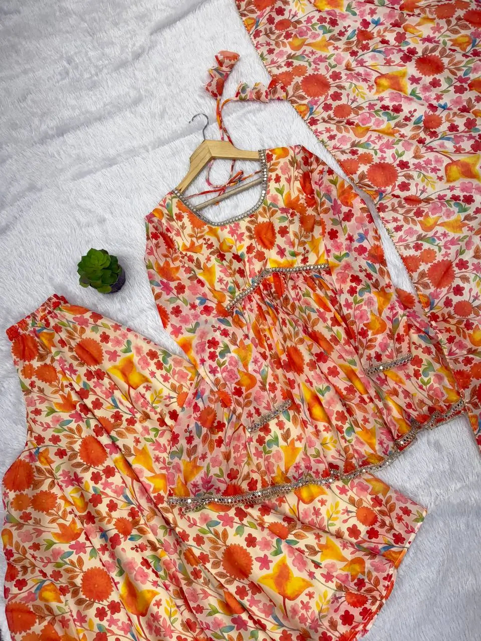 Pure Organza Floral Print Mirror Work Kediya Palazzo Set