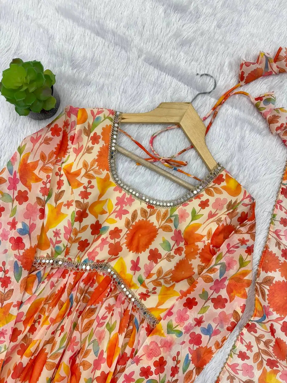 Pure Organza Floral Print Mirror Work Kediya Palazzo Set