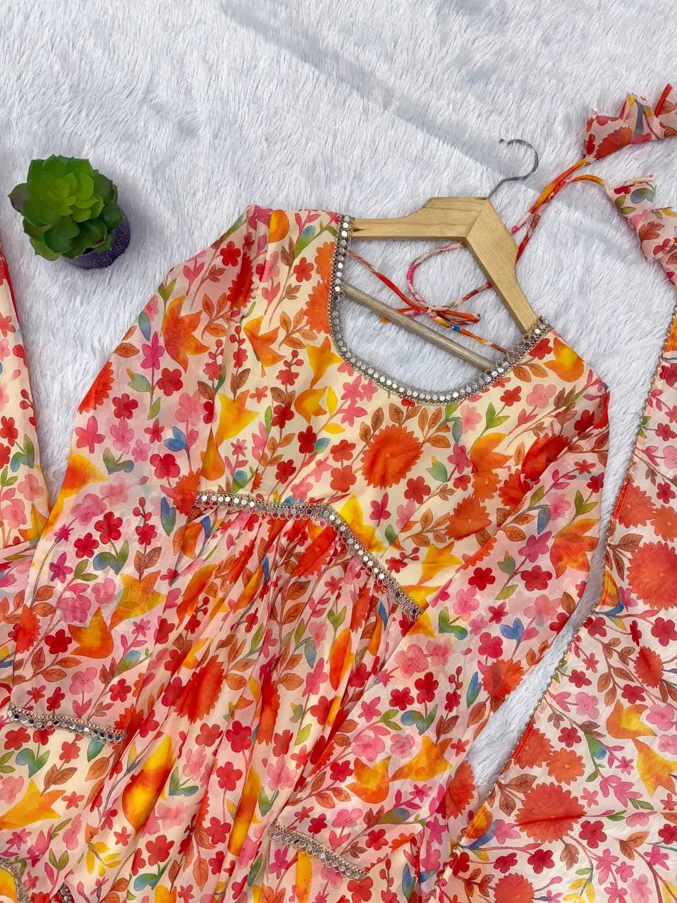 Pure Organza Floral Print Mirror Work Kediya Palazzo Set