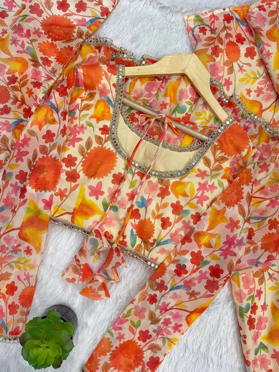 Pure Organza Floral Print Mirror Work Kediya Palazzo Set