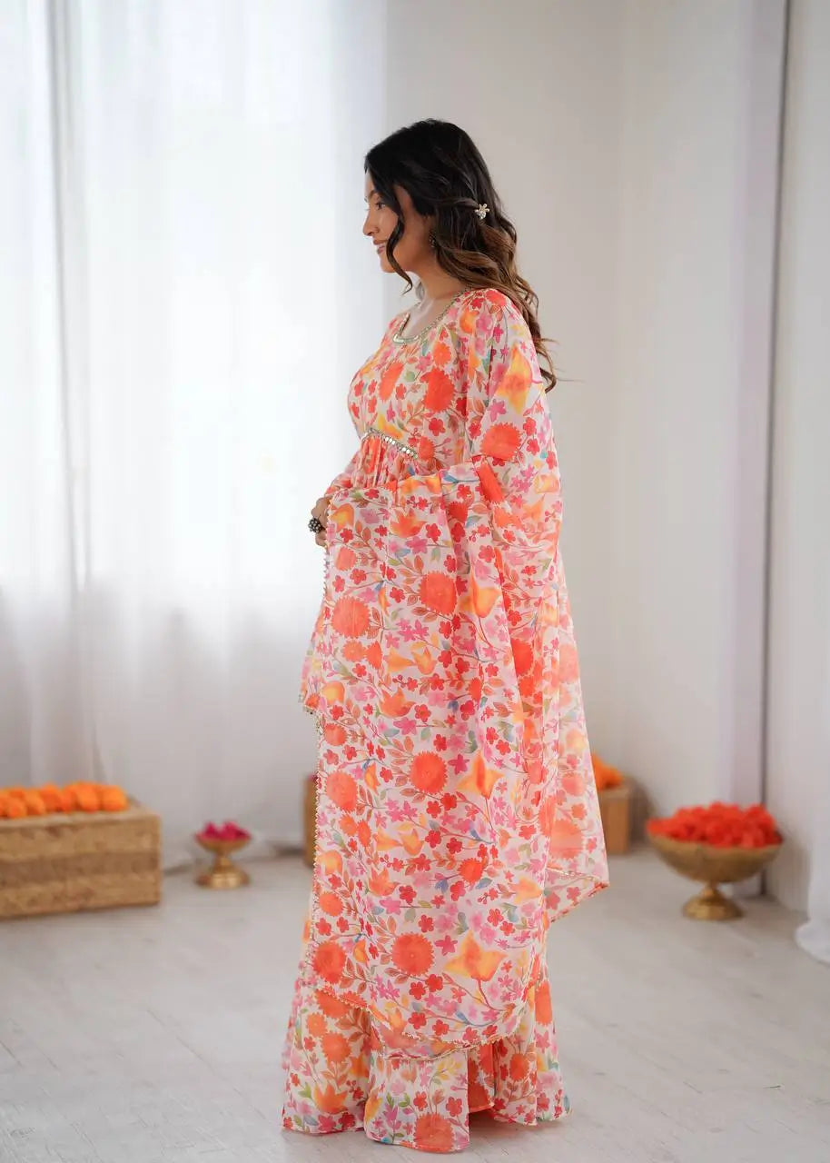 Pure Organza Floral Print Mirror Work Kediya Palazzo Set