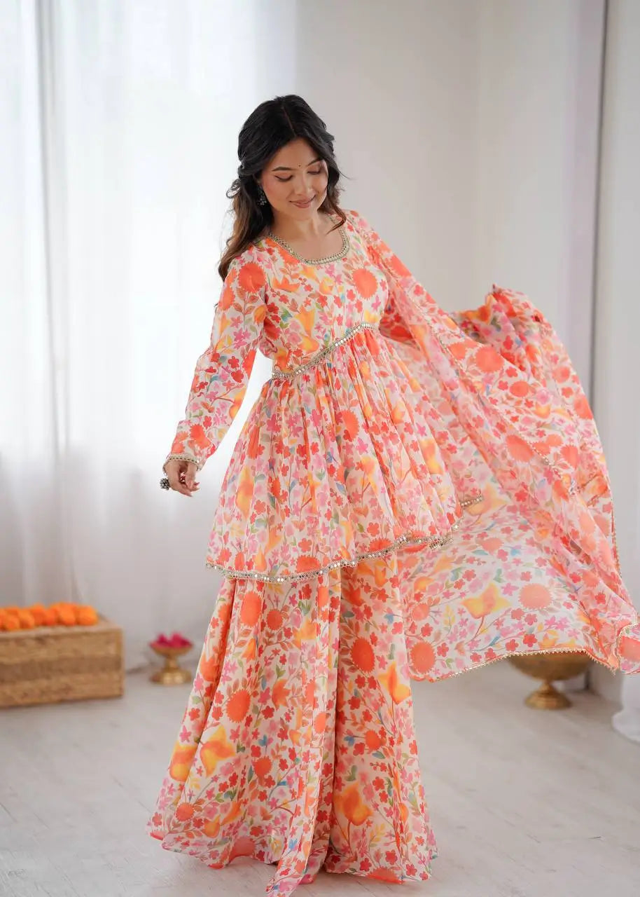Pure Organza Floral Print Mirror Work Kediya Palazzo Set