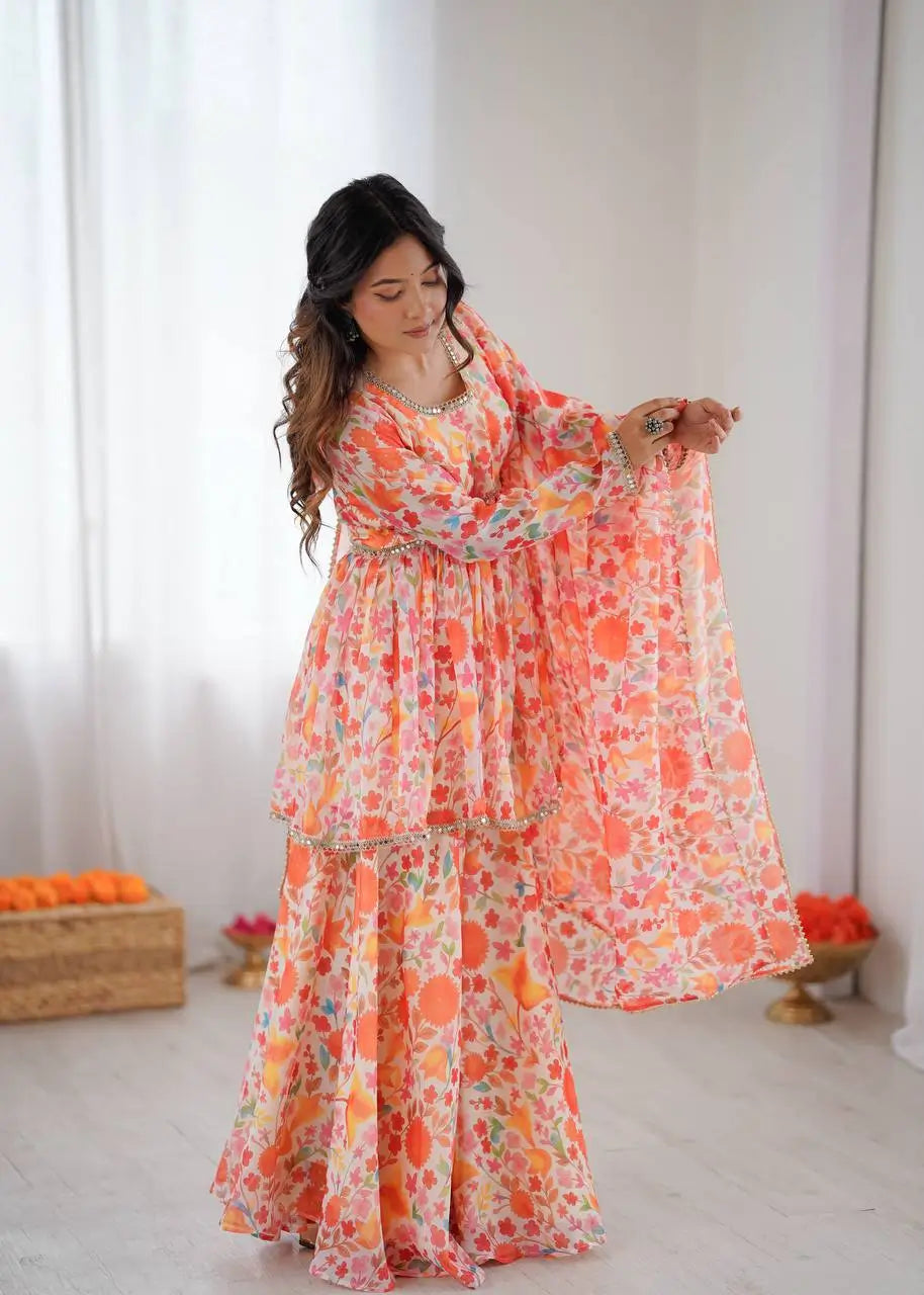 Pure Organza Floral Print Mirror Work Kediya Palazzo Set