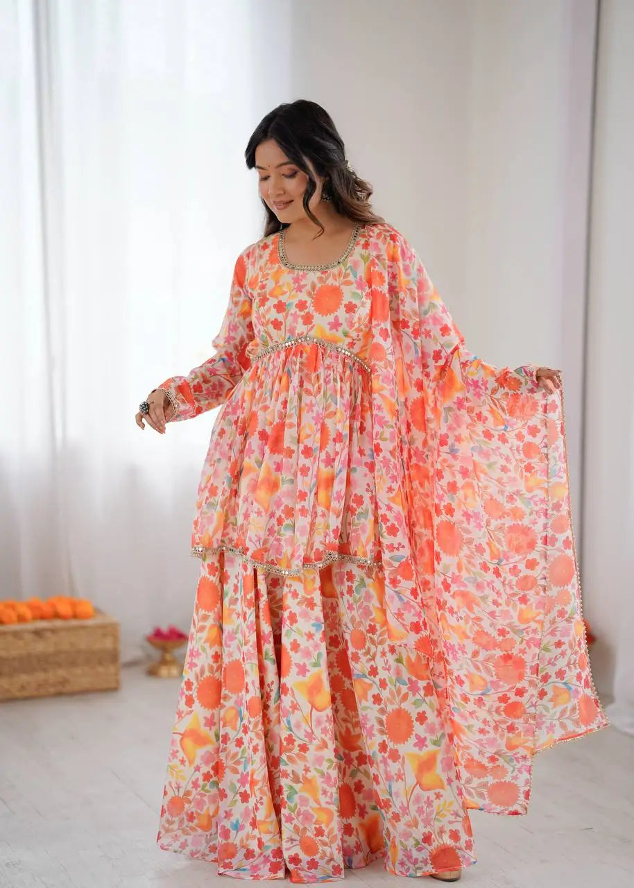 Pure Organza Floral Print Mirror Work Kediya Palazzo Set