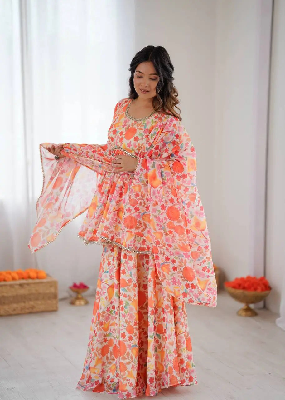 Pure Organza Floral Print Mirror Work Kediya Palazzo Set