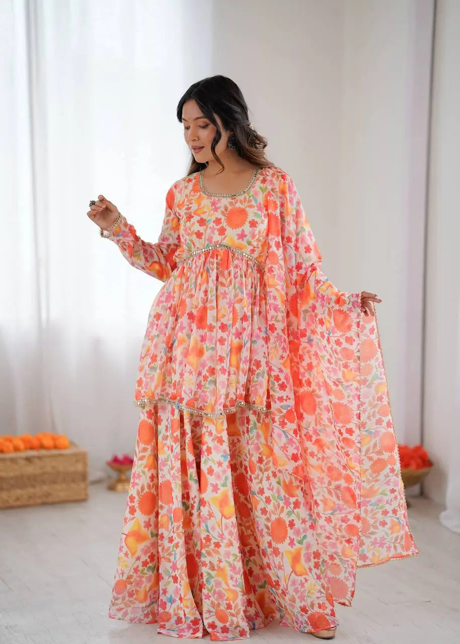 Pure Organza Floral Print Mirror Work Kediya Palazzo Set