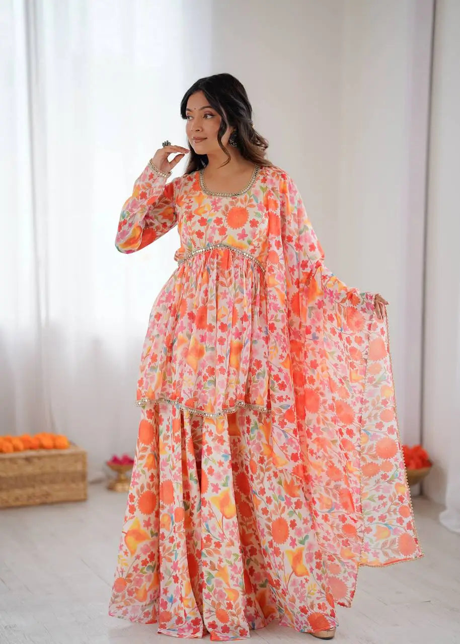 Pure Organza Floral Print Mirror Work Kediya Palazzo Set