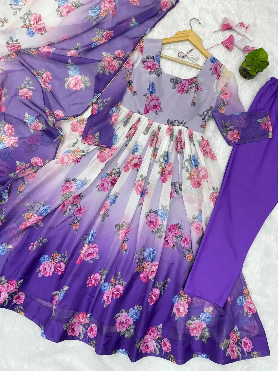 Pure Organza Floral Print Partywear Gown Set