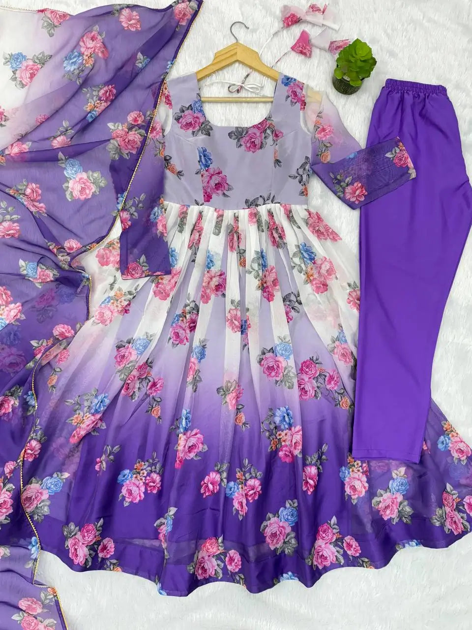 Pure Organza Floral Print Partywear Gown Set