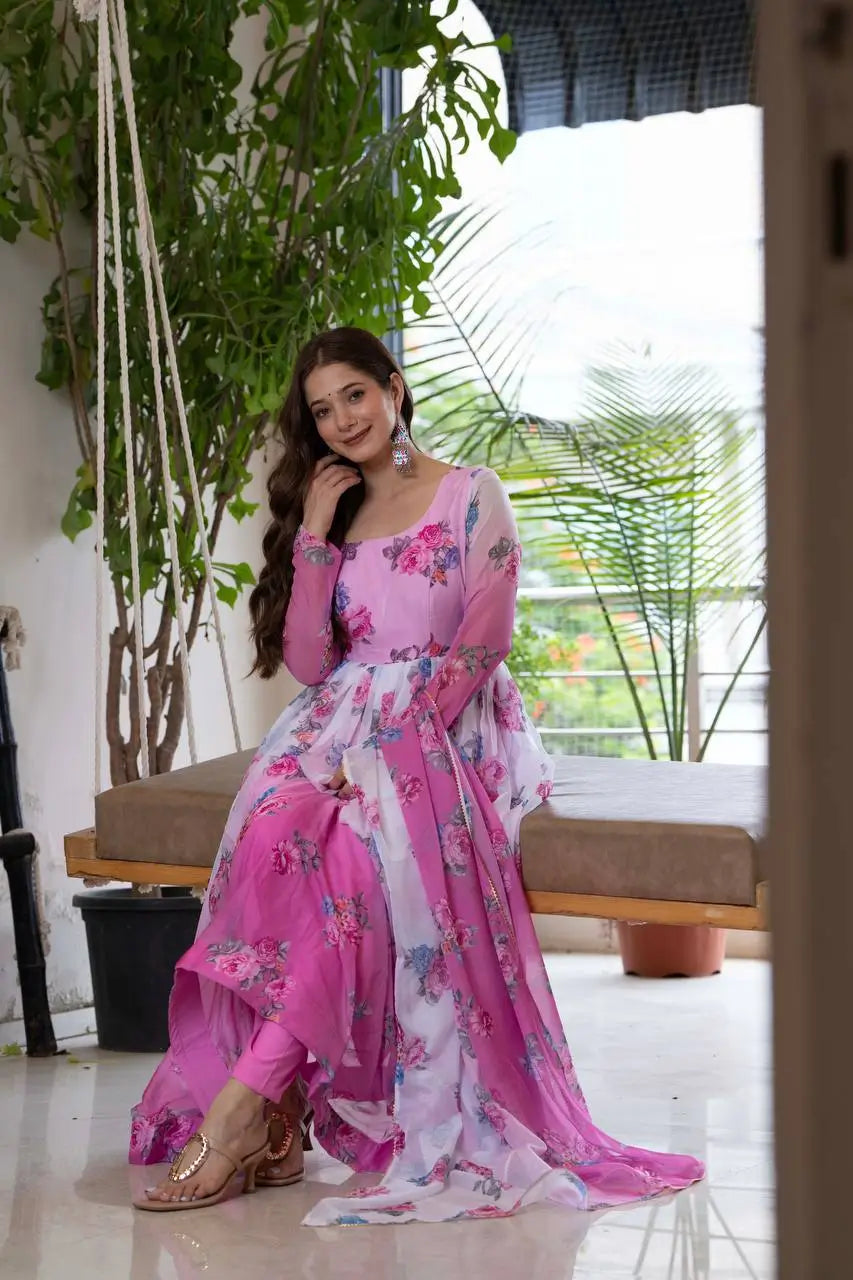 Pure Organza Floral Print Partywear Gown Set