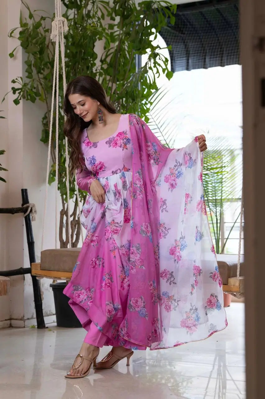 Pure Organza Floral Print Partywear Gown Set