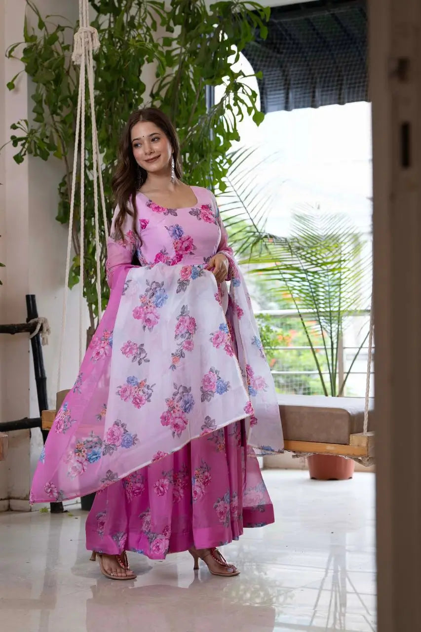 Pure Organza Floral Print Partywear Gown Set