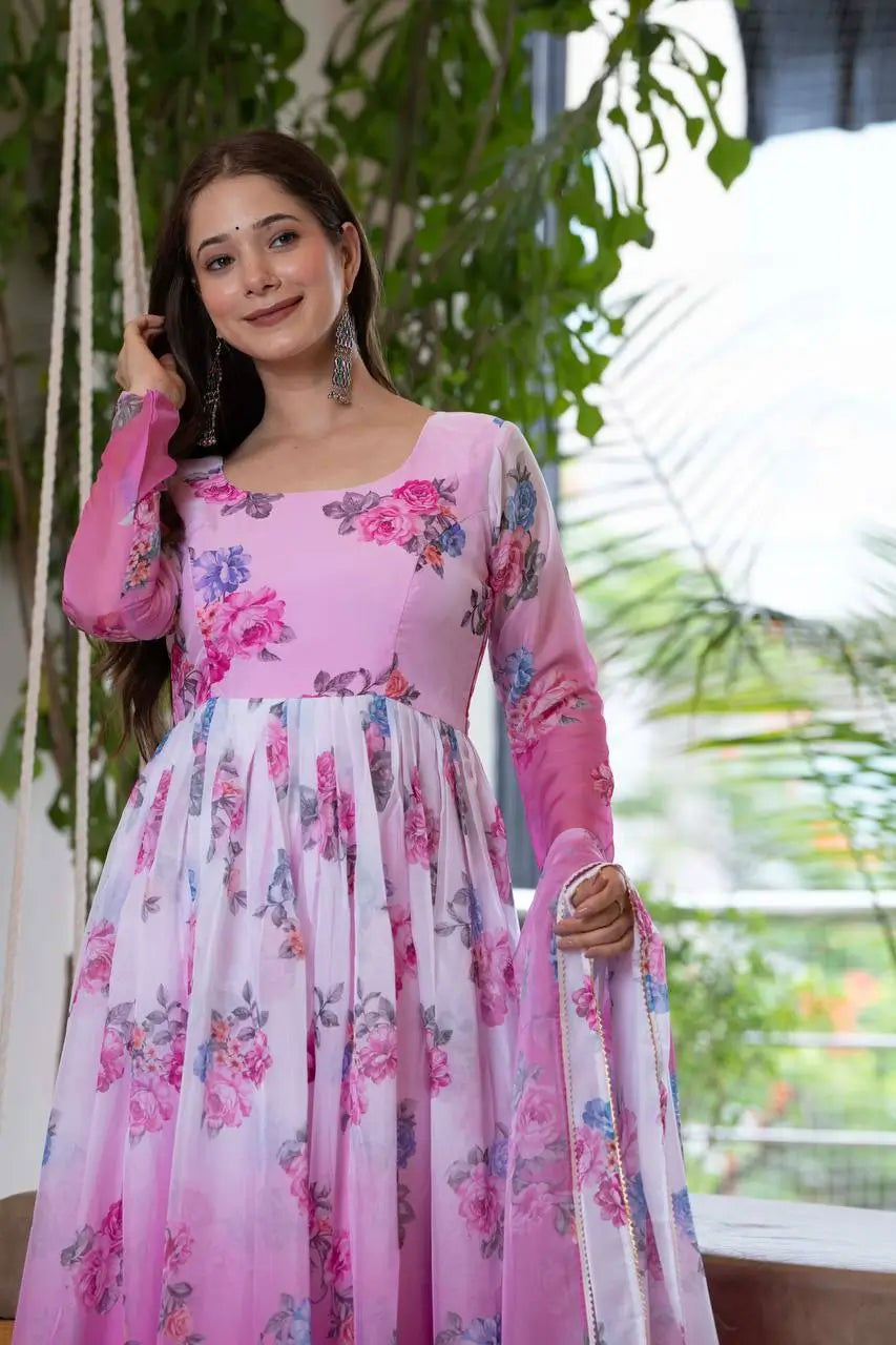 Pure Organza Floral Print Partywear Gown Set