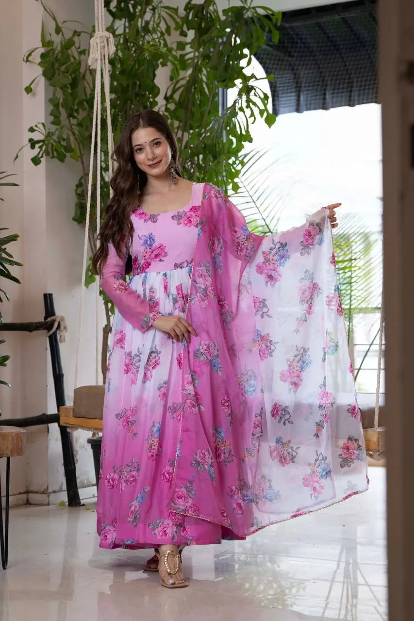 Pure Organza Floral Print Partywear Gown Set