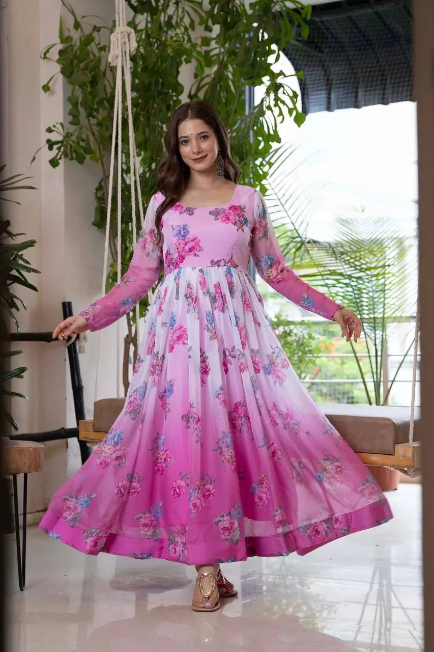 Pure Organza Floral Print Partywear Gown Set