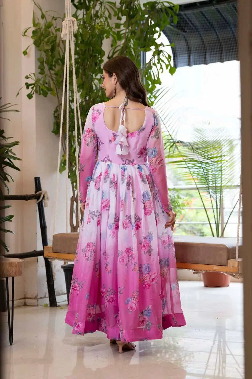 Pure Organza Floral Print Partywear Gown Set