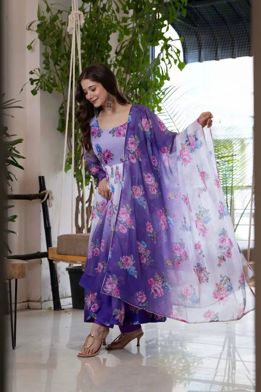 Pure Organza Floral Print Partywear Gown Set