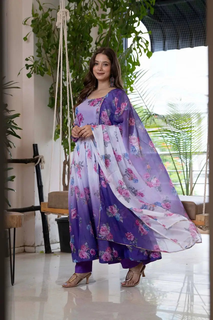 Pure Organza Floral Print Partywear Gown Set