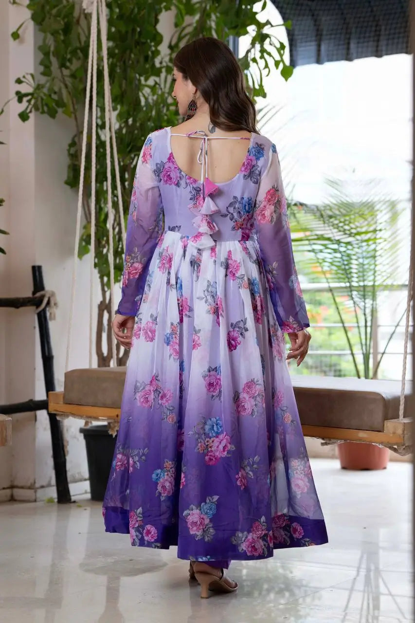Pure Organza Floral Print Partywear Gown Set