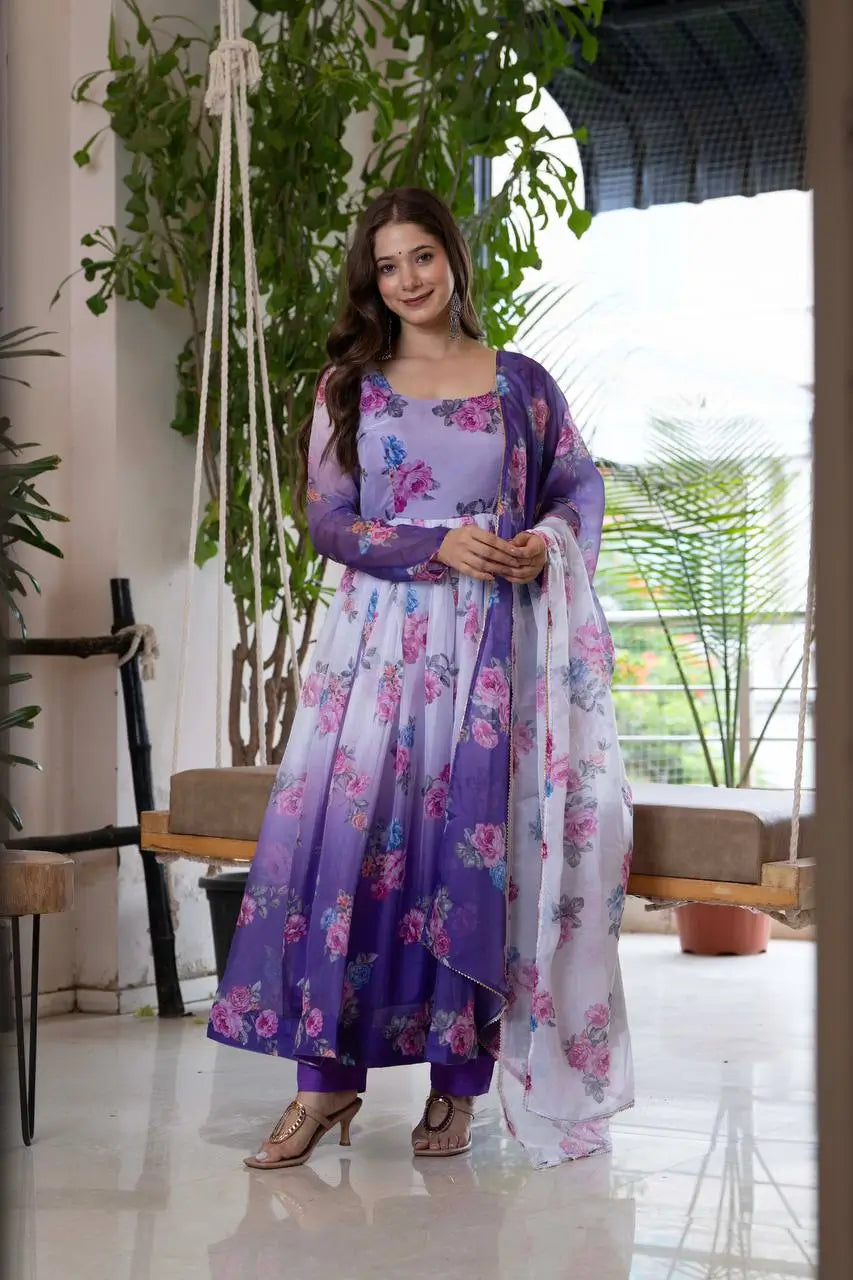 Pure Organza Floral Print Partywear Gown Set