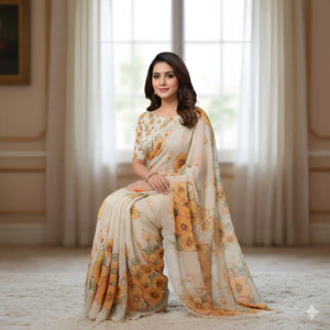 Pure Organza Silk Digital Printed Saree with Handwork
