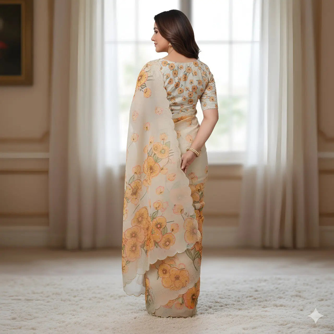 Pure Organza Silk Digital Printed Saree with Handwork