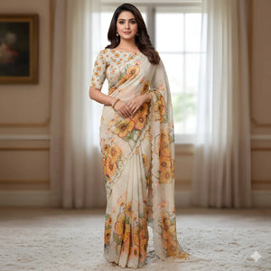 Pure Organza Silk Digital Printed Saree with Handwork
