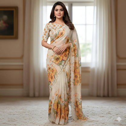 Pure Organza Silk Digital Printed Saree with Handwork