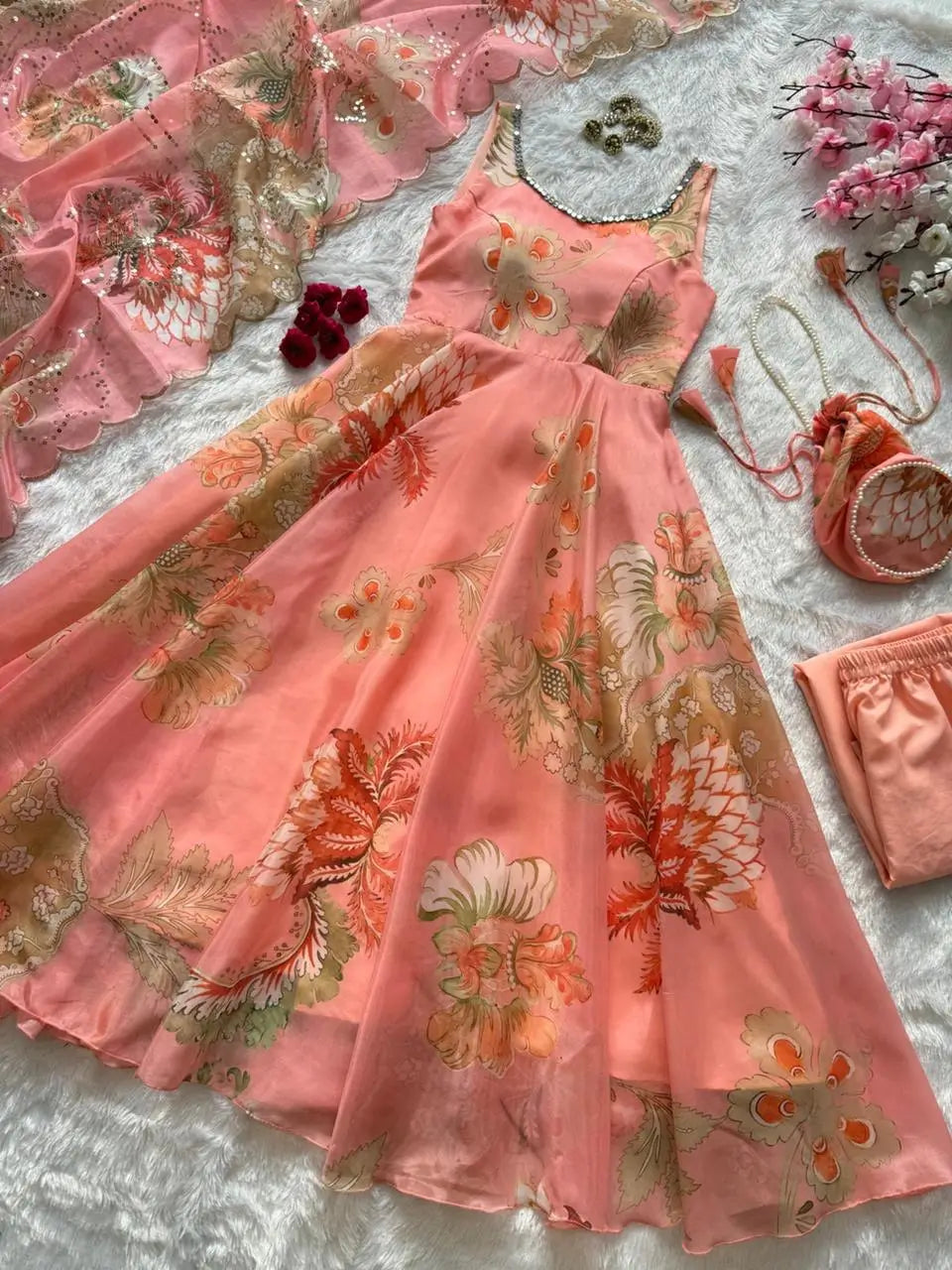 Pure Organza Silk Printed Anarkali Set