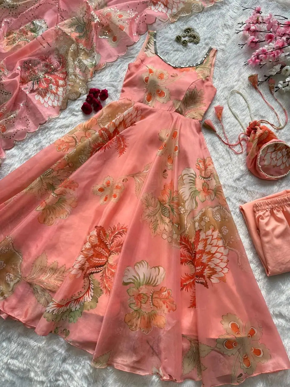 Pure Organza Silk Printed Anarkali Set