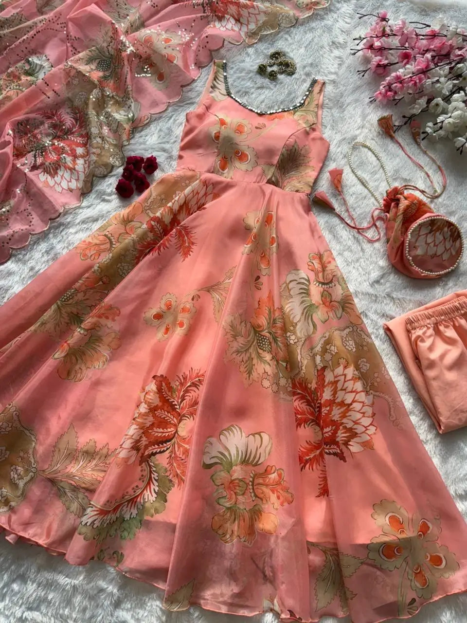 Pure Organza Silk Printed Anarkali Set