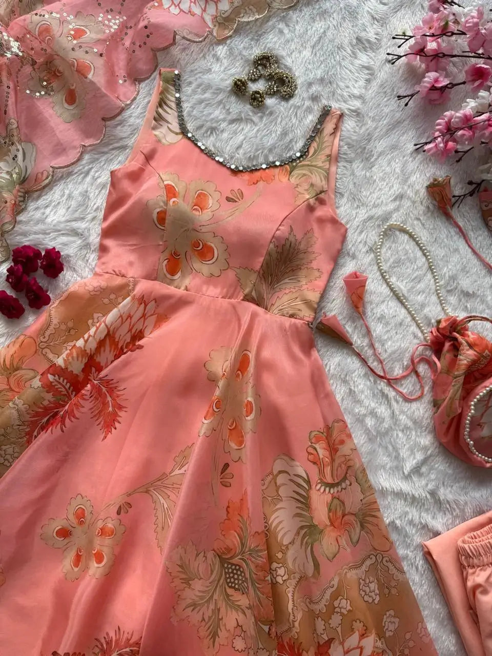 Pure Organza Silk Printed Anarkali Set