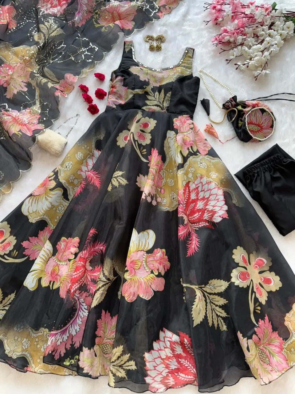 Pure Organza Silk Printed Anarkali Set