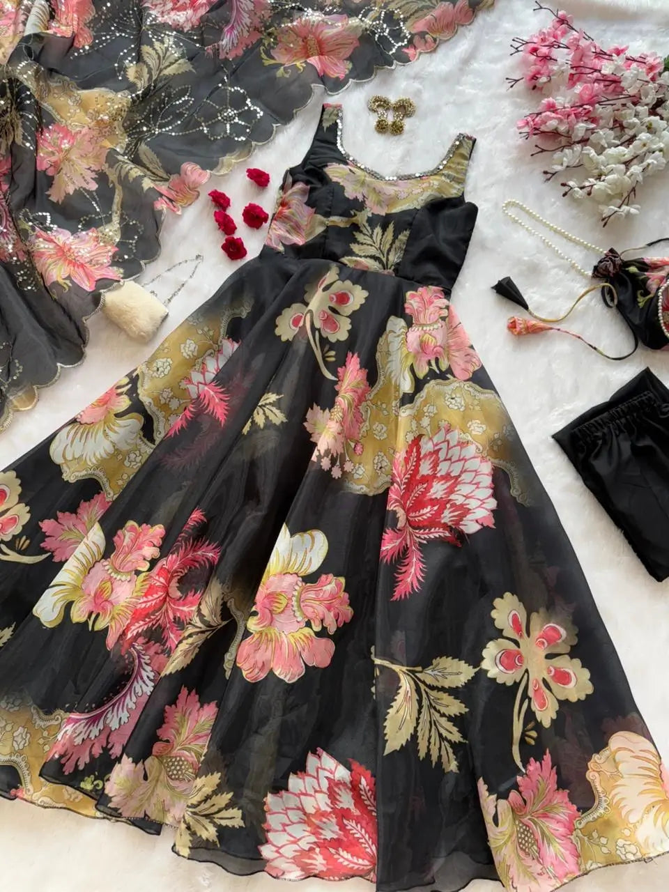 Pure Organza Silk Printed Anarkali Set