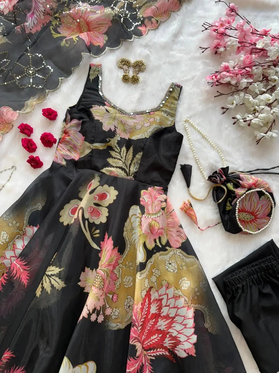 Pure Organza Silk Printed Anarkali Set