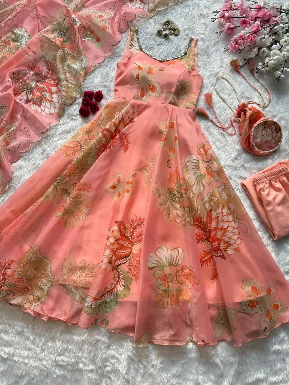 Pure Organza Silk Printed Anarkali Set