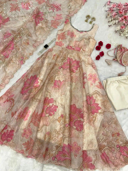 Pure Organza Silk Printed Anarkali Set