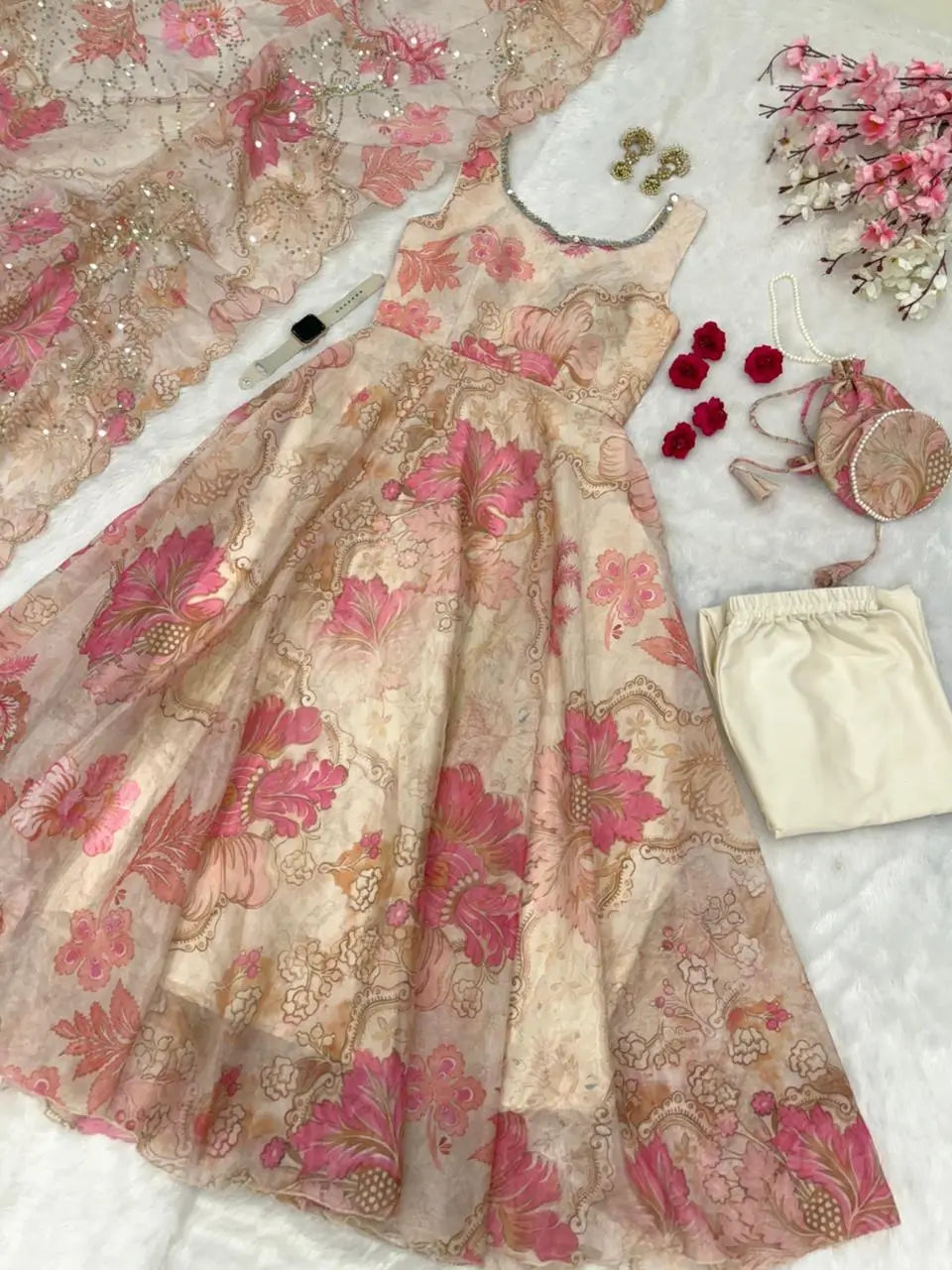 Pure Organza Silk Printed Anarkali Set
