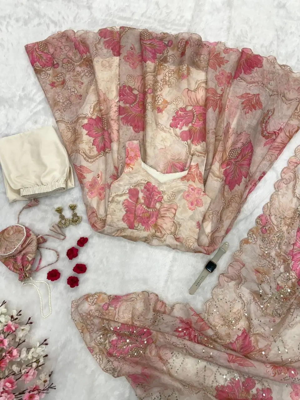 Pure Organza Silk Printed Anarkali Set