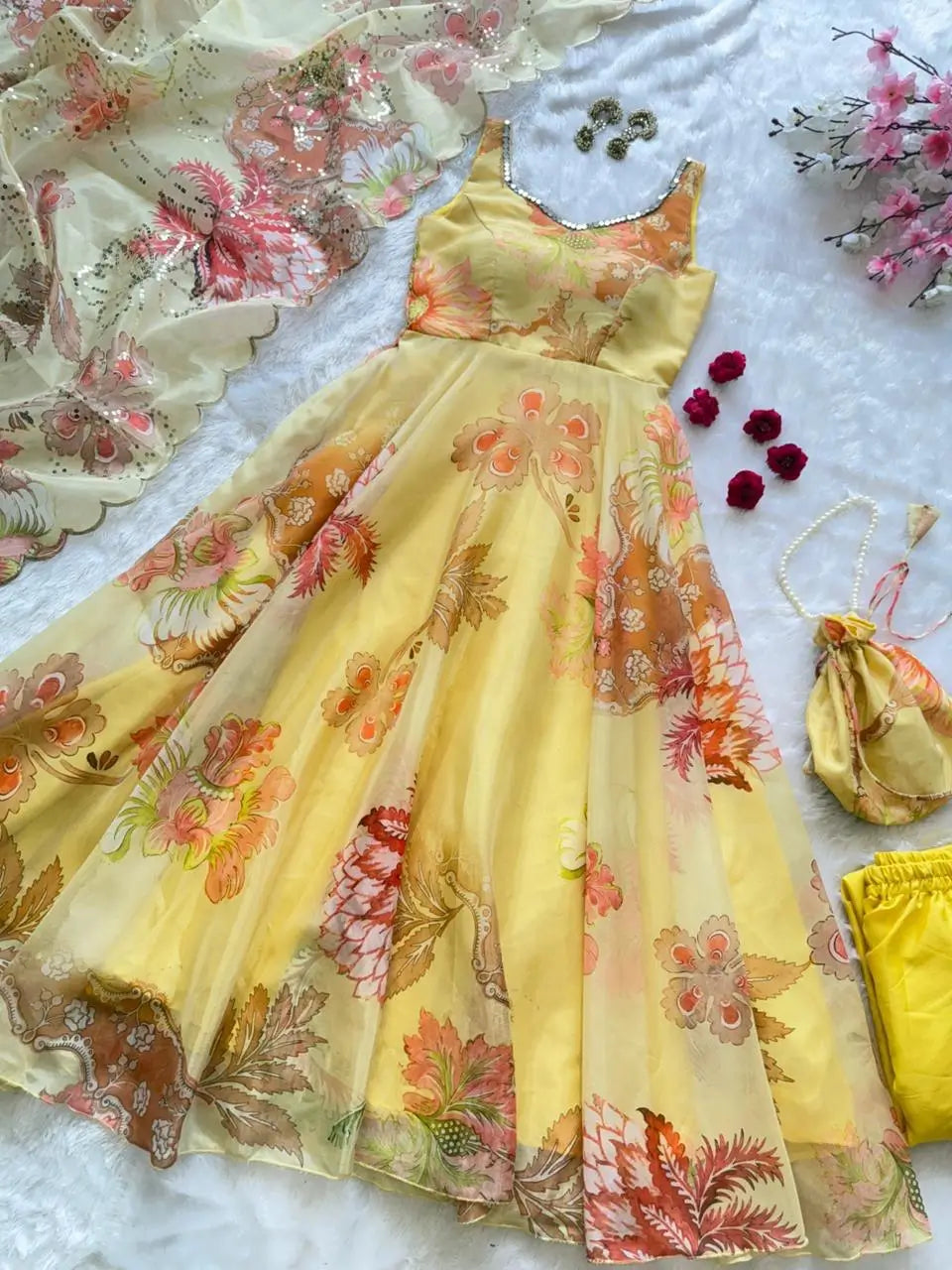 Pure Organza Silk Printed Anarkali Set