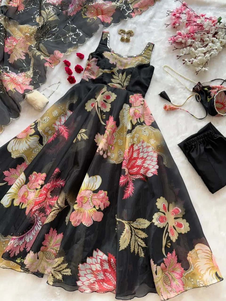 Pure Organza Silk Printed Anarkali Set