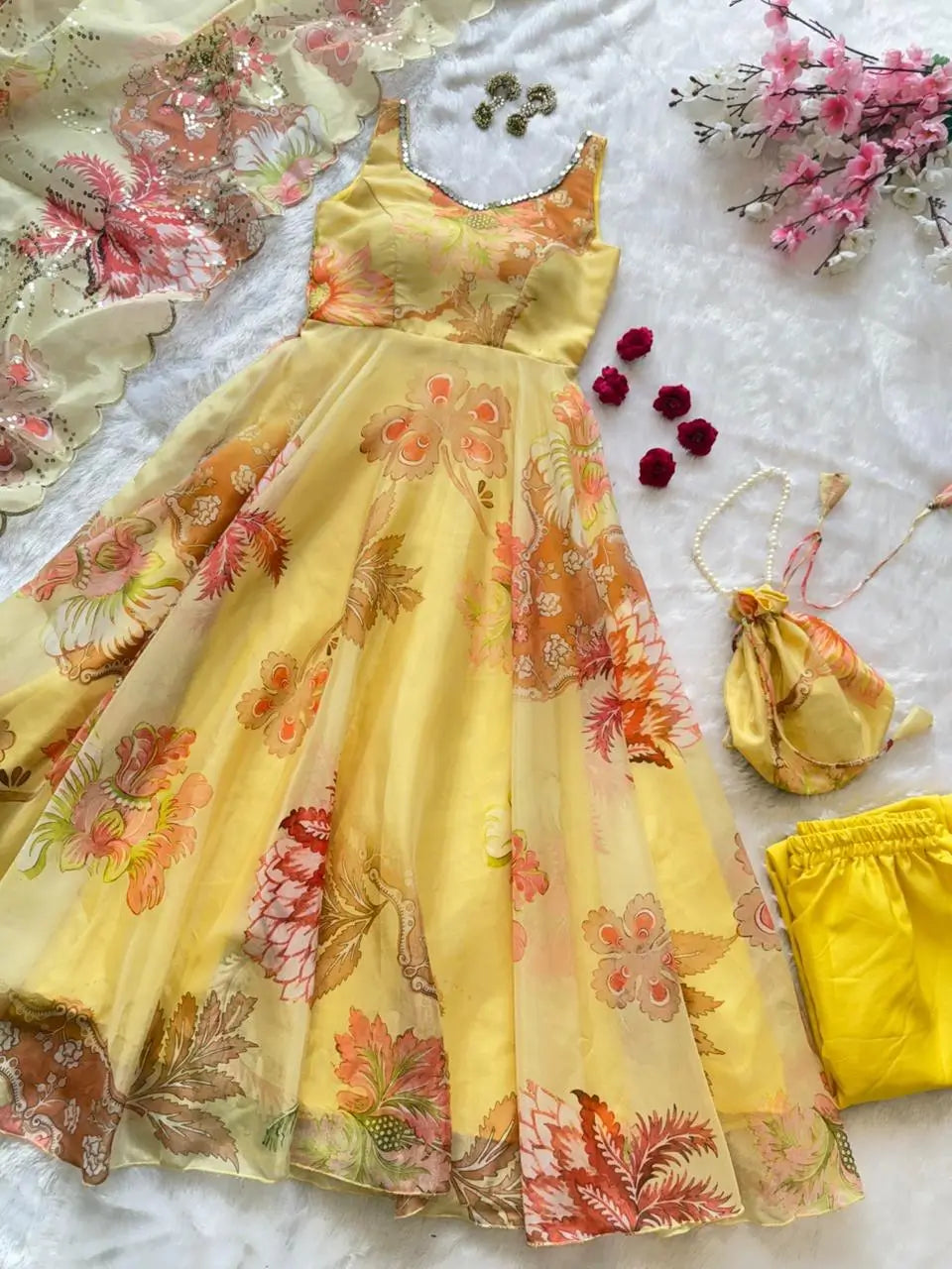 Pure Organza Silk Printed Anarkali Set