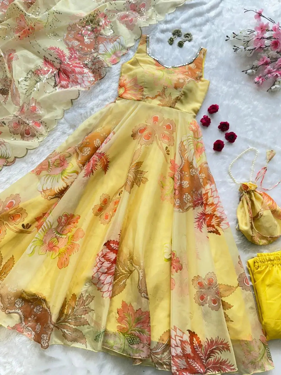 Pure Organza Silk Printed Anarkali Set