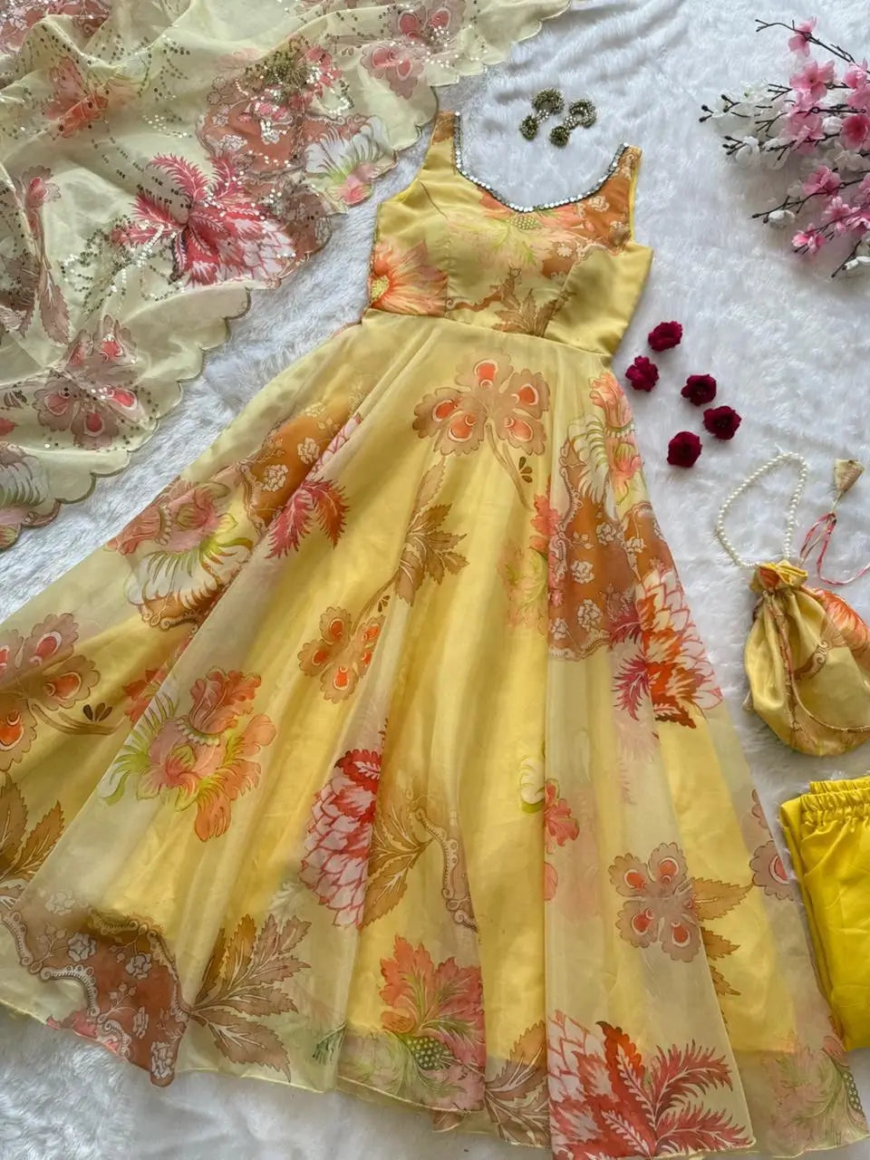 Pure Organza Silk Printed Anarkali Set
