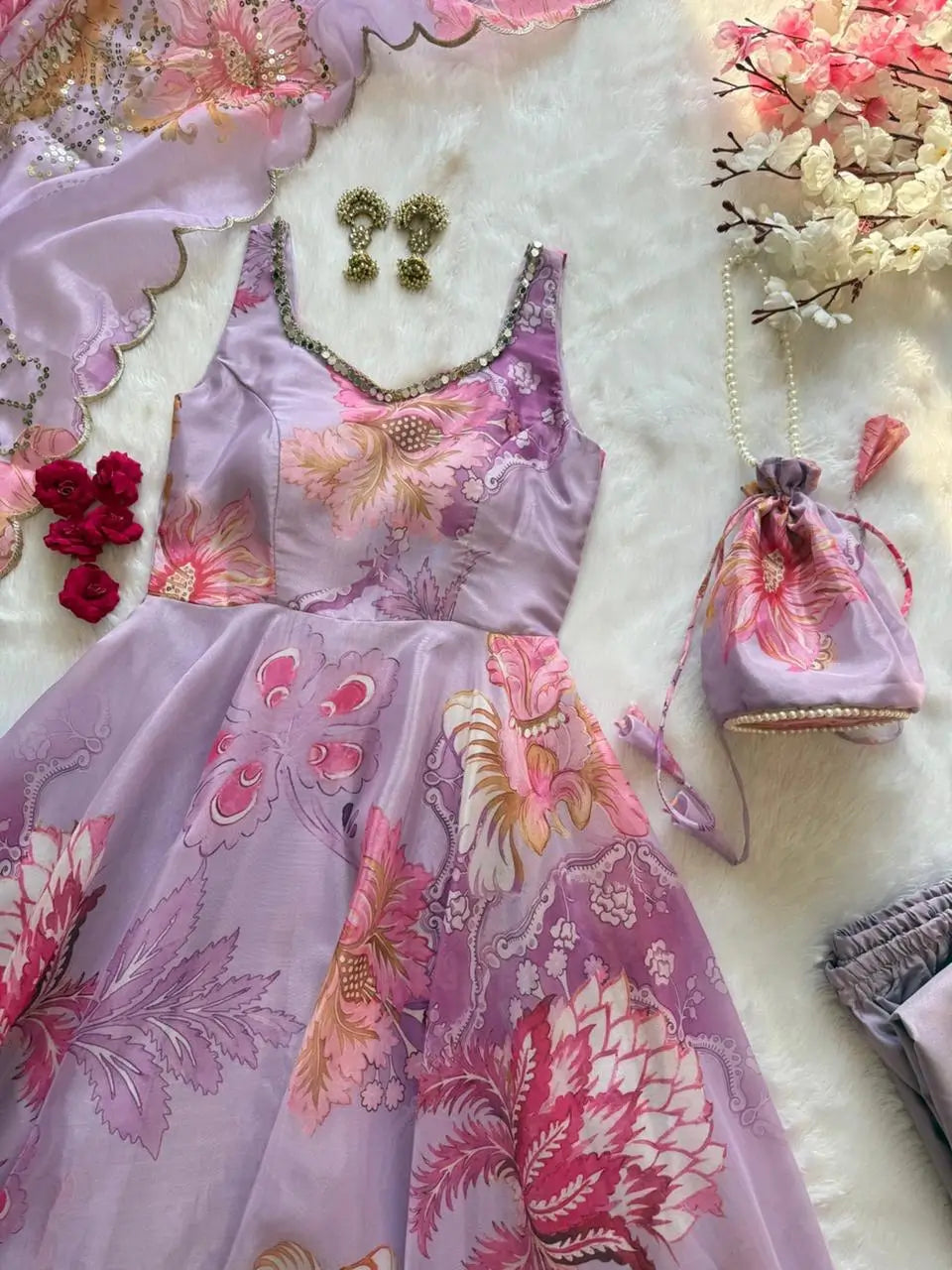 Pure Organza Silk Printed Anarkali Set