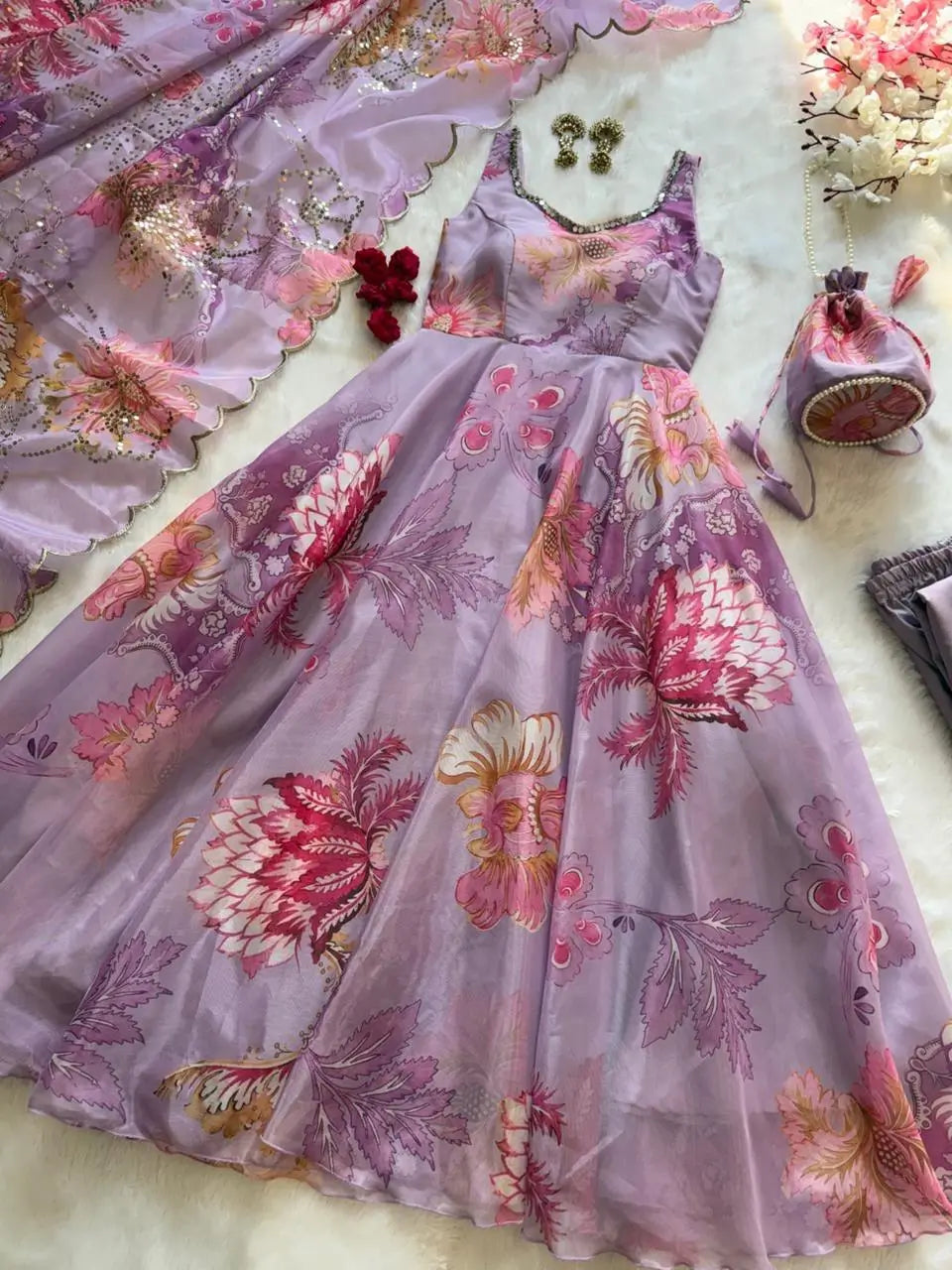 Pure Organza Silk Printed Anarkali Set