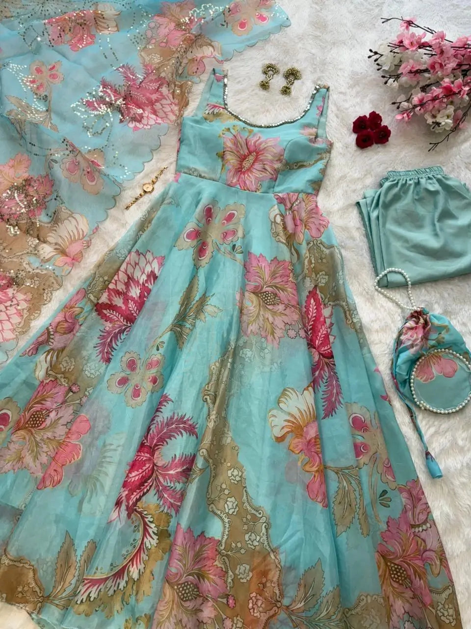 Pure Organza Silk Printed Anarkali Set