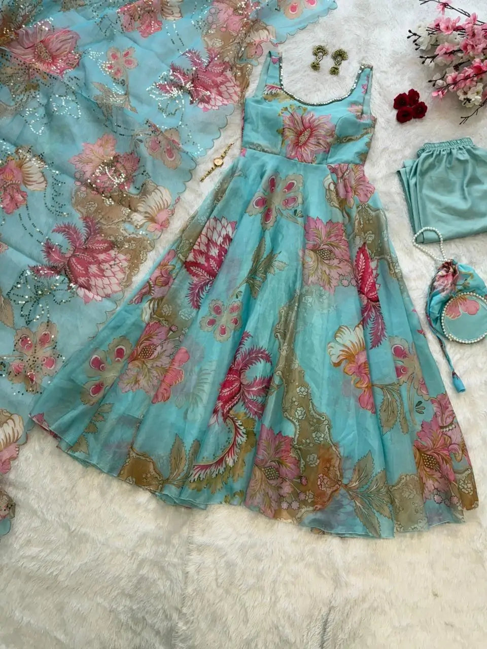 Pure Organza Silk Printed Anarkali Set